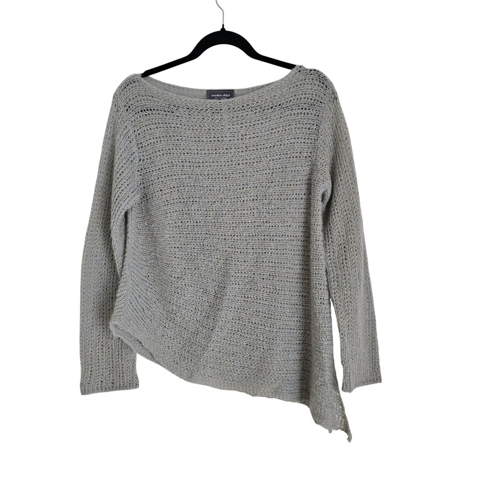 Wooden Ships Gray Loose Knit Asymmetrical Boat Neck Sweater Gold Metallic XL